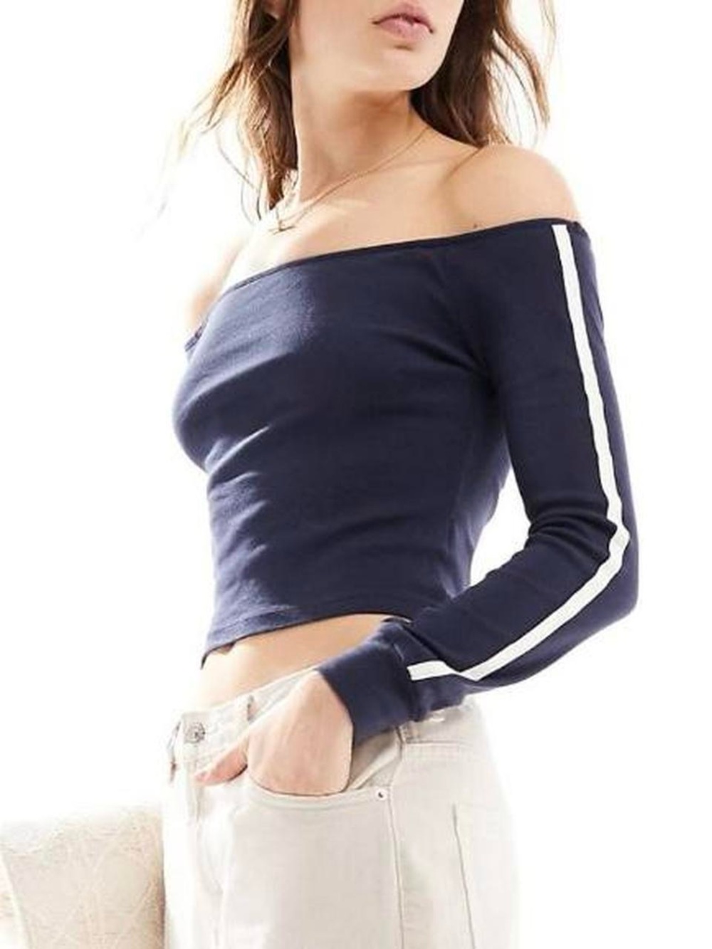 ASOS / Pull & Bear Varsity Stripe Long Sleeve Off the Shoulder Crop Top